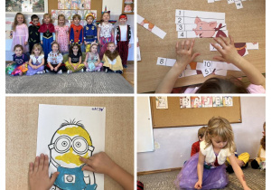 Kolaż zdjęć przedstawiający dzieci z grupy Stokrotki podczas aktywności z okazji Dnia Postaci z Bajek.