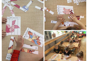 Dzieci układają puzzle z postaciami bajkowymi.