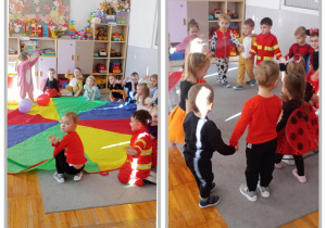 Dwa zdjęcia przedstawiające dzieci tańczące w kole oraz bawiące się chustą animacyjną.