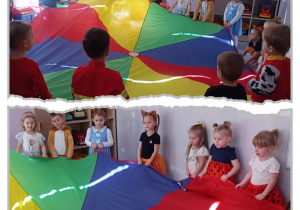 Kolaż dwóch zdjęć na których dzieci bawią się chustą animacyjną.