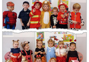 Kolaż z dwoma zdjęciami – górne prezentuję chłopców a dolne dziewczynki w strojach ulubionych postaci z bajek.