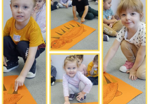 Kolaż zdjęć dzieci wykonujących wspólną pracę plastyczną