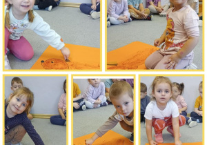 Kolaż zdjęć dzieci wykonujących wspólną pracę plastyczną