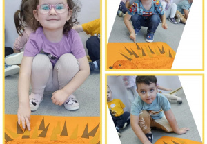 Kolaż zdjęć dzieci wykonujących wspólną pracę plastyczną