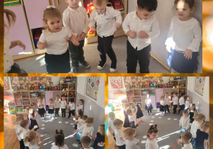 Kolaż zdjęć dzieci podczas zabaw ruchowych z jeżykiem