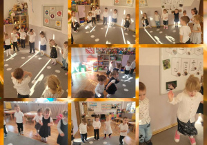 Kolaż zdjęć dzieci podczas zabawy ruchowo-naśladowczej „Zrób to co jeżyk”