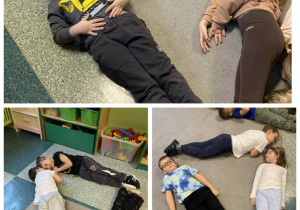 Dzieci leżąc na dywanie, układają ze swoich ciał trójkąt.