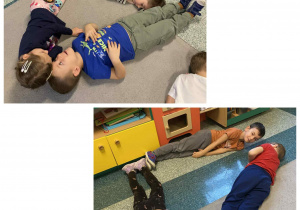 Dzieci na dywanie układają trójkąt ze swoich ciał.