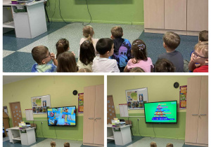 Dzieci oglądają film edukacyjny „Piramida zdrowego żywienia”.
