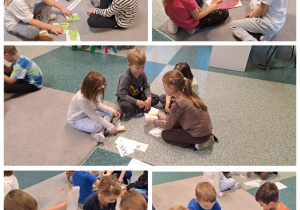 Dzieci siedzą w grupach na podłodze i wspólnie układają obrazki z owocami i warzywami oraz dopasowują do nich sylaby.