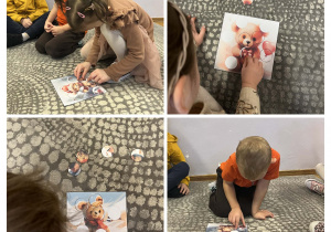 Dzieci dopasowują brakujące części do obrazków z misiami.