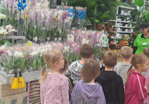 Dzieci stoją na dziale z kwiatkami.