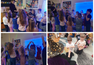 Kolaż przedstawia zabawy ruchowe przygotowane dla dzieci oraz zabawę “Jak ma na imię mój przyjaciel”