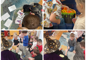 Kolaż przedstawia różne zabawy andrzejkowe oraz gry