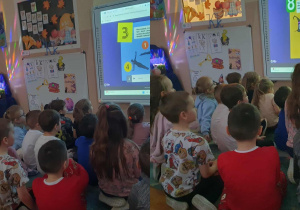 Kolaż przedstawia dzieci podczas zajęć z tablicą multimedialną