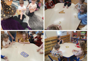 Kolaż przedstawia zabawy andrzejkowe dzieci oraz odpakowywanie wróżb ukrytych w ciasteczkach