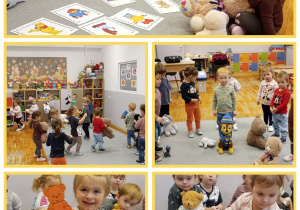 Kolaż zdjęć przedstawiających dzieci z grupy Biedronki podczas zabaw muzyczno - ruchowych z pluszowymi misiami oraz segregacji papierowych misiów ze względu na kolor i wielkość.