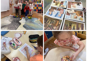 Kolaż przedstawia różne aktywności Smerfów z okazji Dnia Misia.