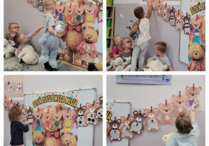 Kolaż zdjęć dzieci z grupy Słoneczka dopasowujących kształty, kolory, kropki i miodki do odpowiedniego misia.