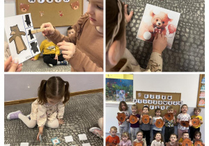 Kolaż zdjęć przedstawiający dzieci z grupy Stokrotki podczas Dnia Pluszowego Misia.