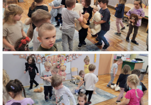 Kolaż zdjęć dzieci podczas zabaw ruchowych z pluszakami.
