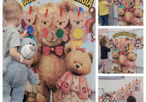 Kolaż zdjęć dzieci siedzących na dywanie i przypinających odpowiednie elementy do misiów .