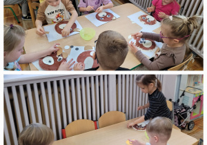 Kolaż, na którym widać dzieci przy stoliku przyklejających na talerzyk części misia.