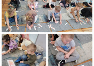 Kolaż zdjęć dzieci układających na dywanie puzzle.