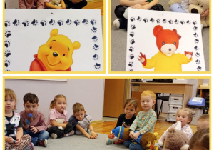 Kolaż z dziećmi oglądającymi ilustracje misiów występujących w różnych bajkach.