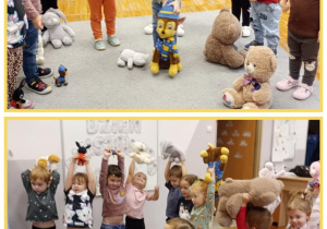 Kolaż dwóch zdjęć, na których przedszkolaki wykonują ćwiczenia w orientacji przedmiotu względem własnego ciała.