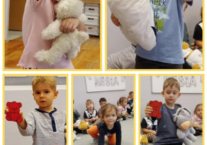 Kolaż ze zdjęciami, na których dzieci segregują papierowe misie ze względu na kolor i wielkość.