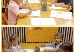 Kolaż – dwa zdjęcia prezentujące przedszkolaków wykonujących pracę plastyczną.