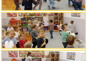 Kolaż zdjęć z dziećmi podczas zabaw muzyczno ruchowych z pluszowymi misiami.