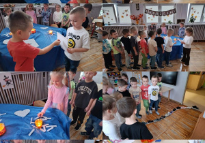 Kolaż zdjęć przedstawiający dzieci z grupy Misie podczas wróżb i zabaw Andrzejkowych.