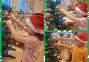 Kolaż zdjęć dzieci ubierających choinkę