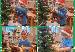 Kolaż zdjęć dzieci ubierających choinkę