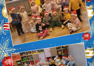 Kolaż zdjęć dzieci przed rozpoczęciem i po ubraniu choinki