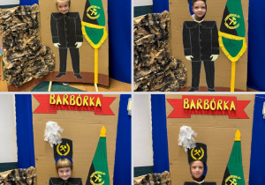 Kolaż przedstawia Smerfy pozujące z tłem z okazji Barbórki