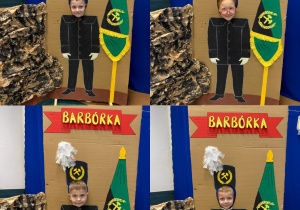 Kolaż przedstawia Smerfy pozujące z tłem z okazji Barbórki