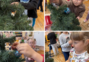 Kolaż przedstawia Smerfy ubierające choinkę