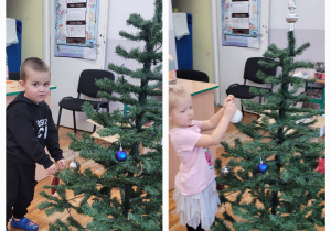 Kolaż zdjęć dzieci podczas ubierania choinki.