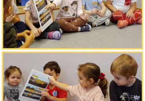 Kolaż – dzieci oglądają ilustracje przedstawiające kopalnię odkrywkową i głębinową.