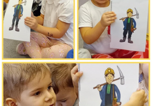 Kolaż zdjęć, na których dzieci trzymają ilustracje z górnikami w strojach ochronnych.