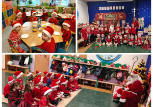 Kolaż przedstawiający grupę Motylki podczas spotkania z Mikołajem.