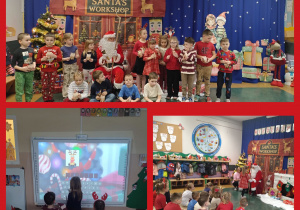 Kolaż przedstawiający grupę Smerfy podczas spotkania z Mikołajem.