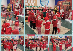 Kolaż zdjęć dzieci śpiewających i tańczących Mikołajowi do piosenki „Mikołaj, Mikołaj jedzie samochodem”