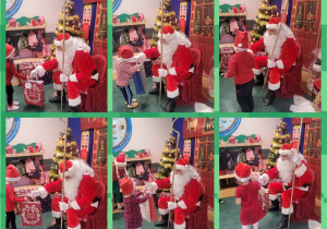 Kolaż zdjęć dzieci obdarowywanych prezentami od Świętego Mikołaja