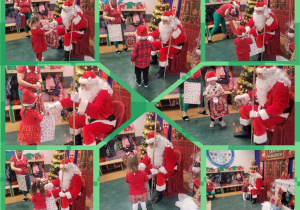 Kolaż zdjęć dzieci obdarowywanych prezentami od Świętego Mikołaja