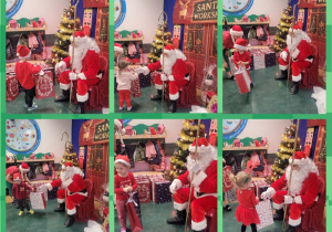 Kolaż zdjęć dzieci obdarowywanych prezentami od Świętego Mikołaja