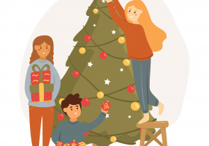 Grafika przedstawia dwie postaci dekorujące choinkę oraz dziewczynkę stojącą obok choinki i trzymającą w dłoniach dwa prezenty.
